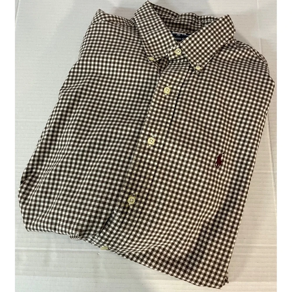 Ralph Lauren Button Down Shirt Mens XL Brown Gingham Classic Fit‎